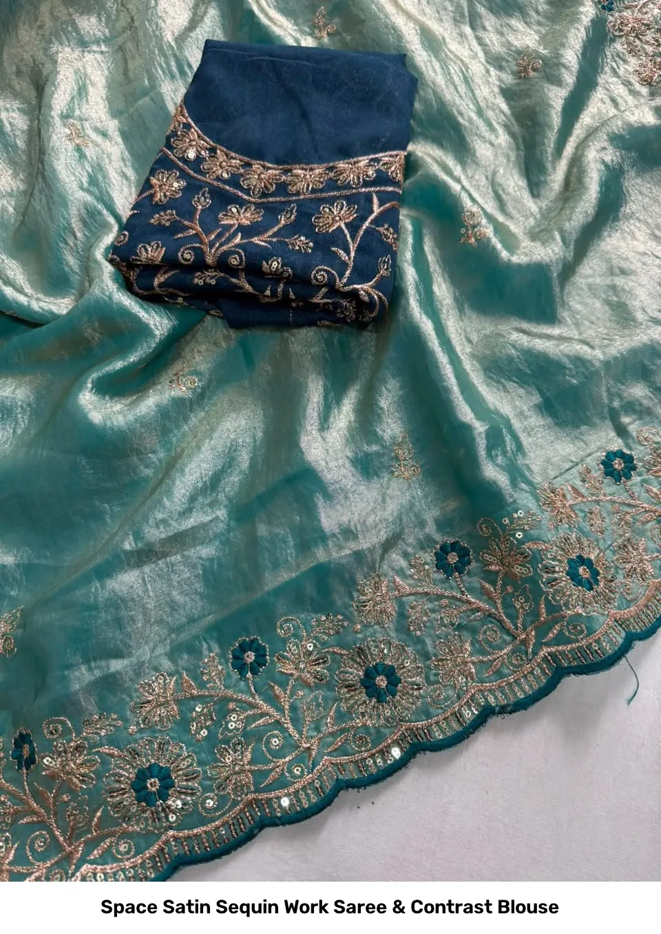 Space Satin Sequin Work Saree & Contrast Blouse 4