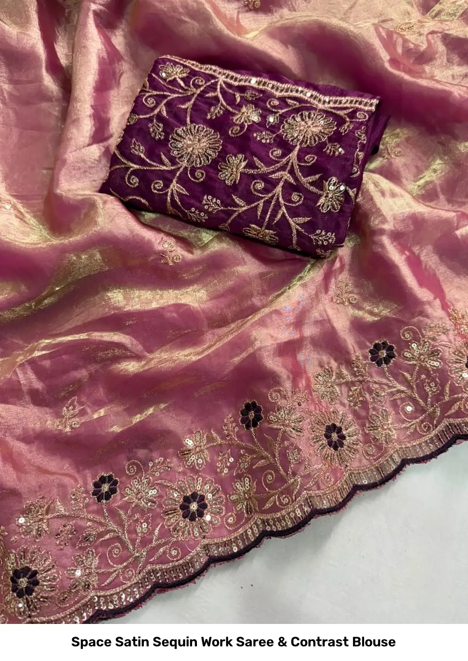 Space Satin Sequin Work Saree & Contrast Blouse 5