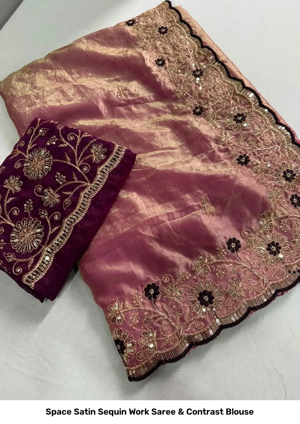 Space Satin Sequin Work Saree & Contrast Blouse 7