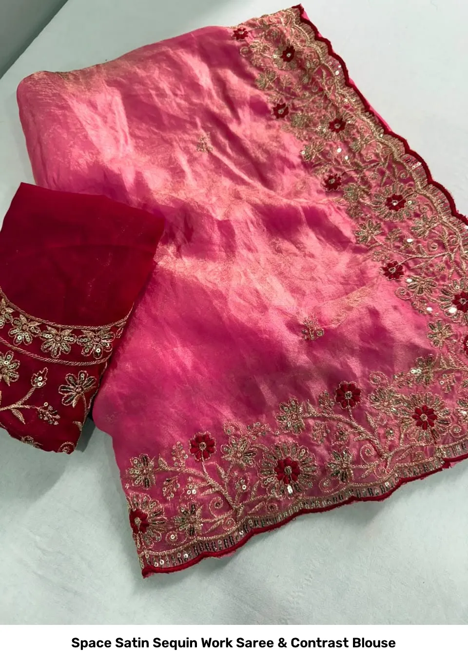 Space Satin Sequin Work Saree & Contrast Blouse 8