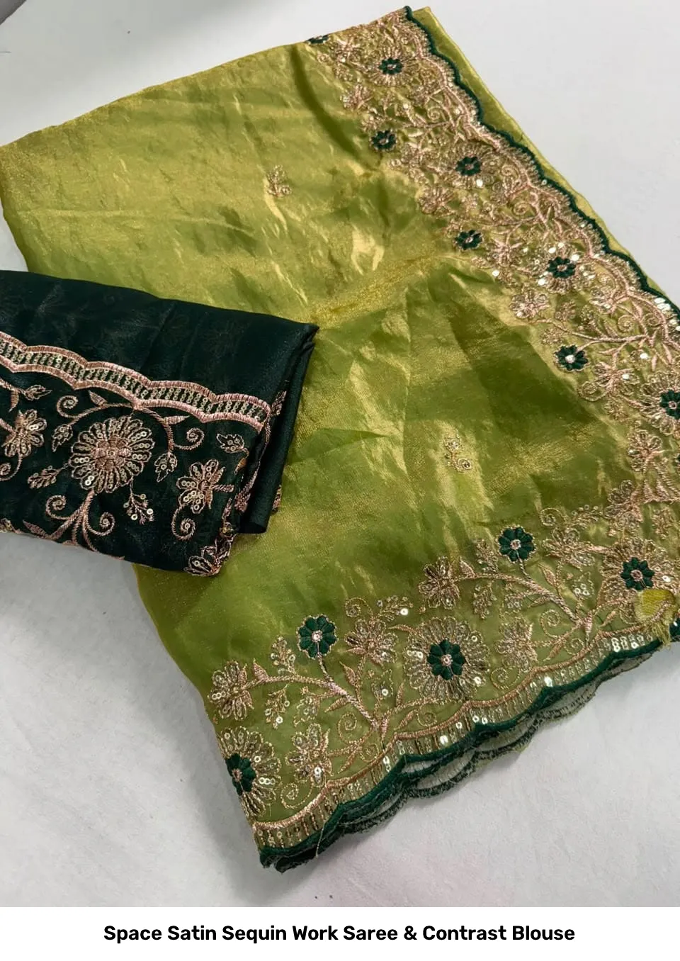 Space Satin Sequin Work Saree & Contrast Blouse 9