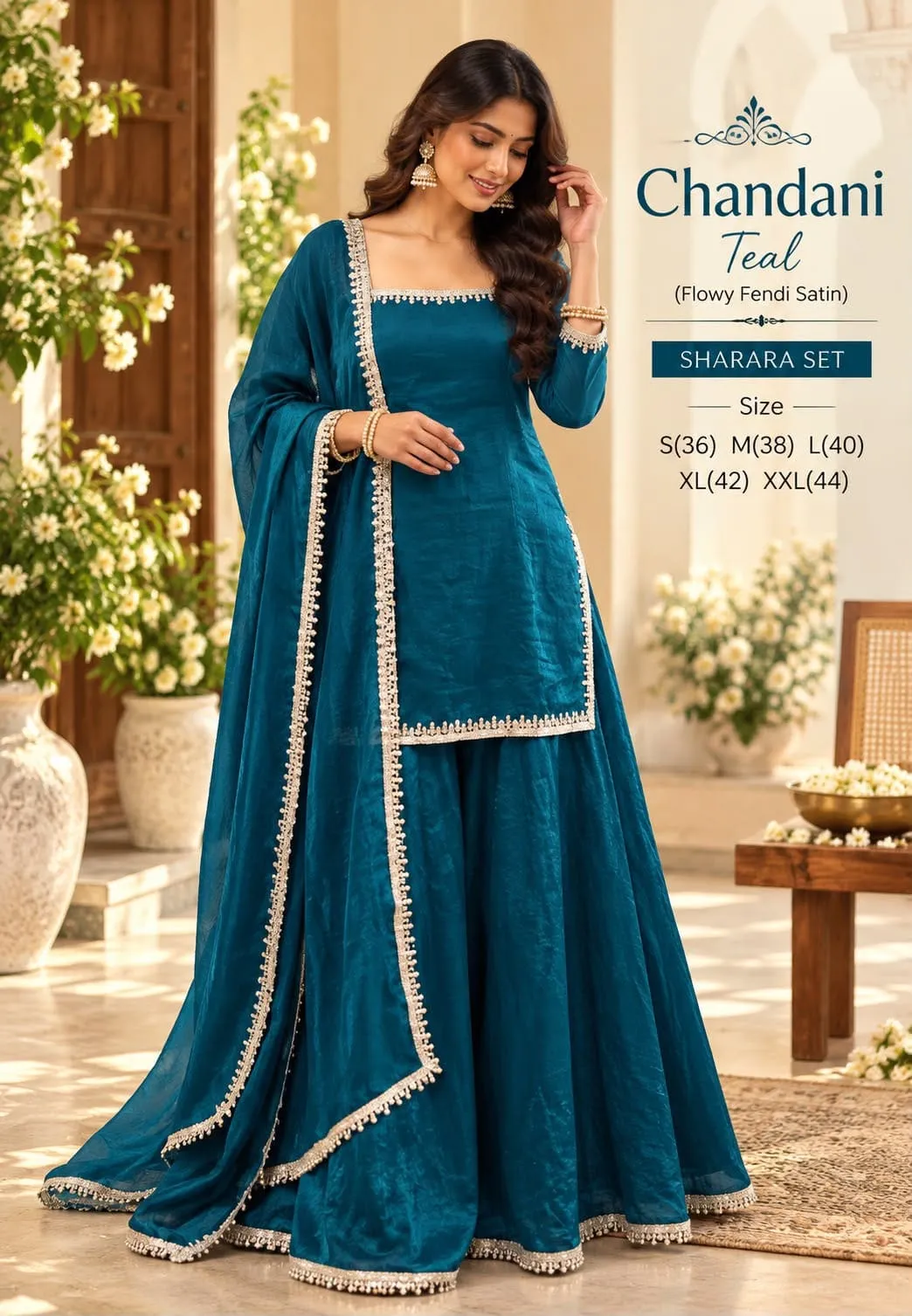 Space Silk Straight Kurti with 12-Kali Voluminous Gharara & Dupatta Set | Women Mirror & Pearl Lace Border Festive Eid Suit (Sizes S to XXL)