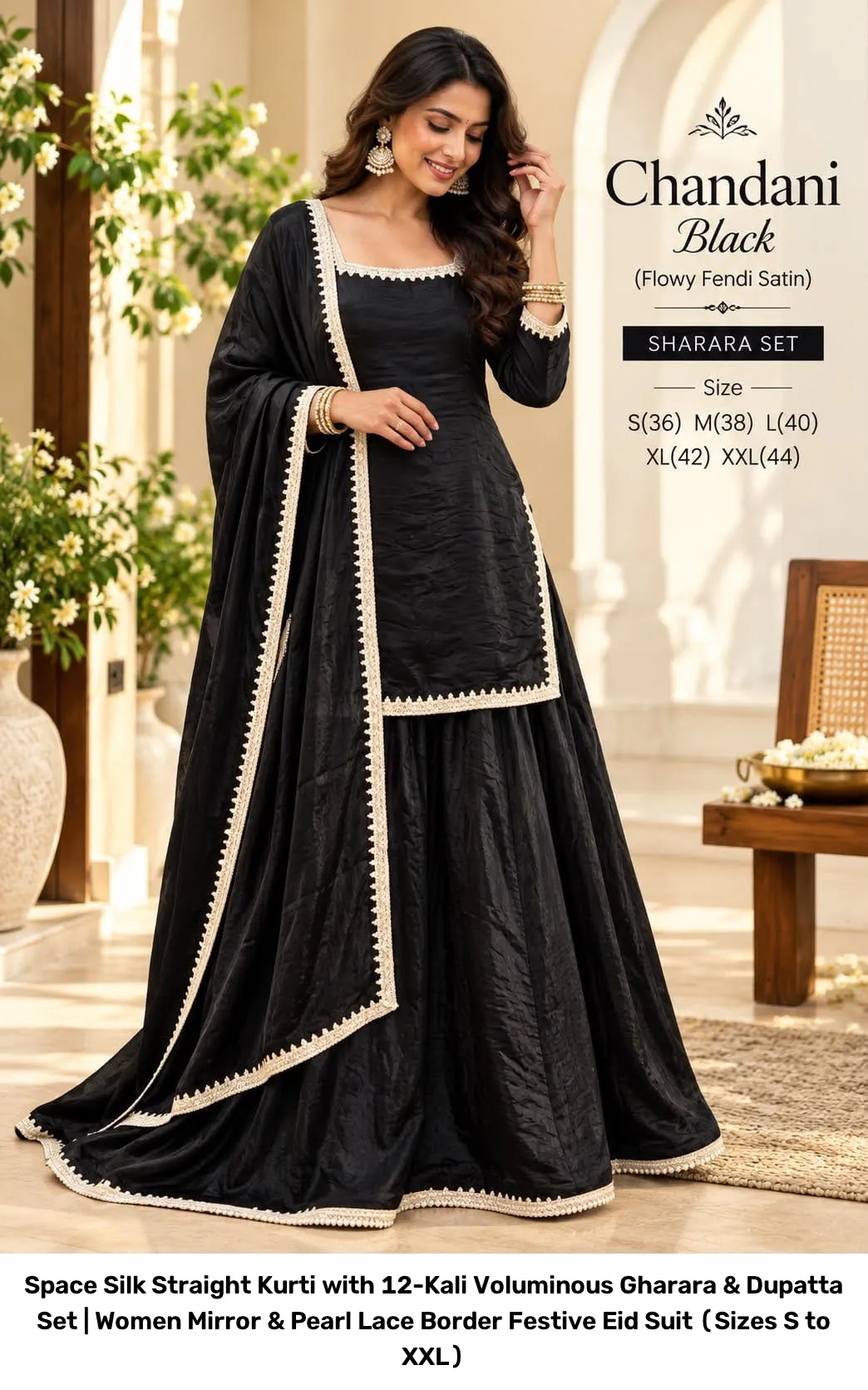 Space Silk Straight Kurti with 12-Kali Voluminous Gharara & Dupatta Set | Women Mirror & Pearl Lace Border Festive Eid Suit (Sizes S to XXL) 2