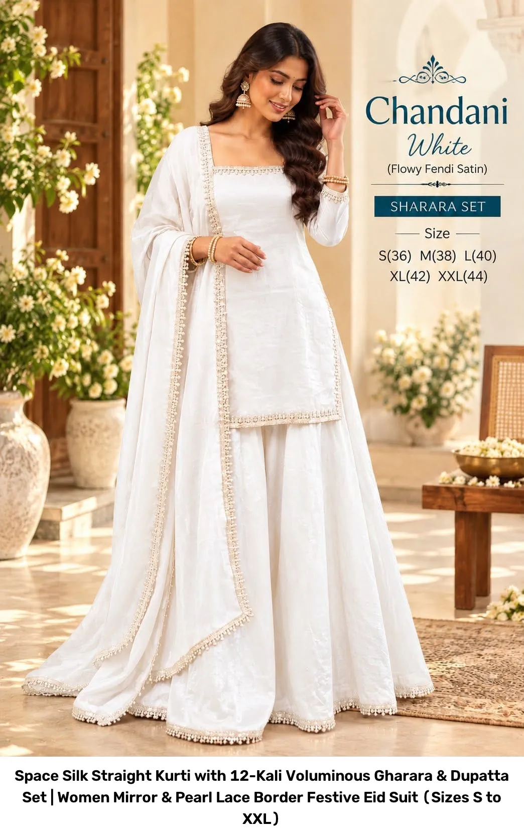 Space Silk Straight Kurti with 12-Kali Voluminous Gharara & Dupatta Set | Women Mirror & Pearl Lace Border Festive Eid Suit (Sizes S to XXL) 3