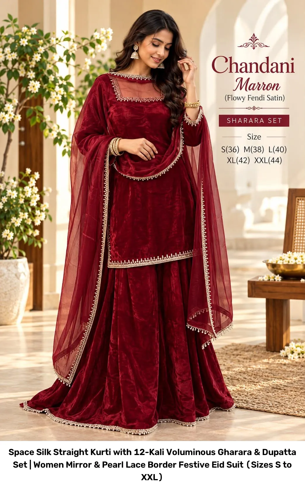 Space Silk Straight Kurti with 12-Kali Voluminous Gharara & Dupatta Set | Women Mirror & Pearl Lace Border Festive Eid Suit (Sizes S to XXL) 4