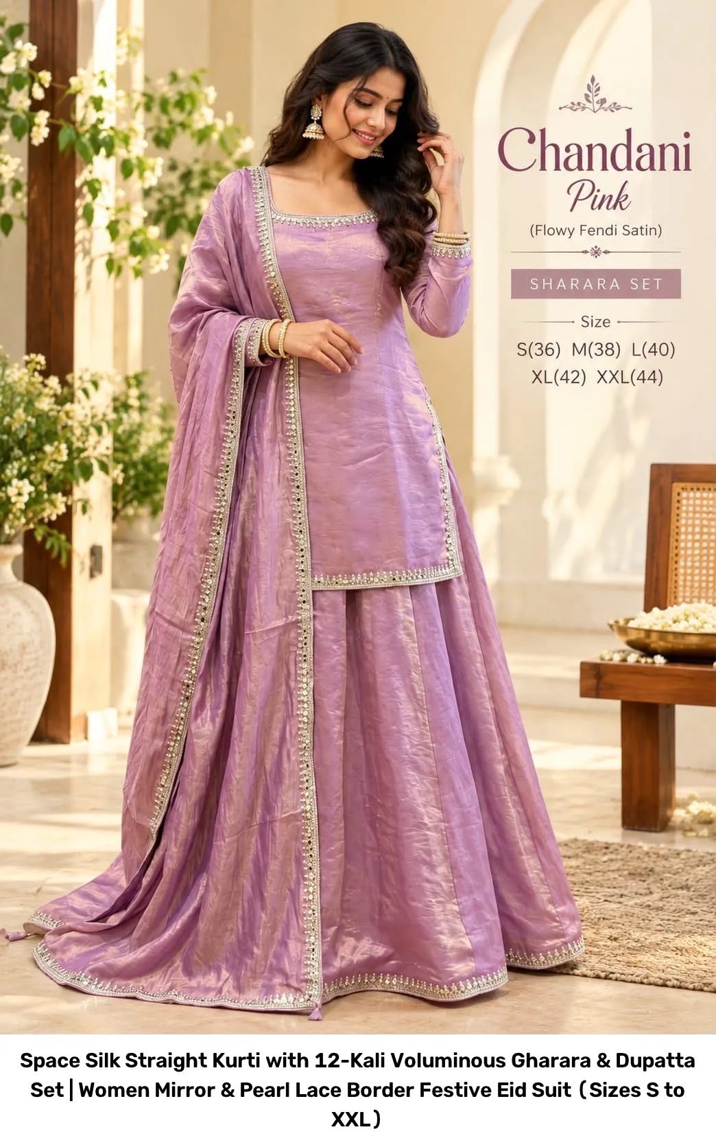 Space Silk Straight Kurti with 12-Kali Voluminous Gharara & Dupatta Set | Women Mirror & Pearl Lace Border Festive Eid Suit (Sizes S to XXL) 5