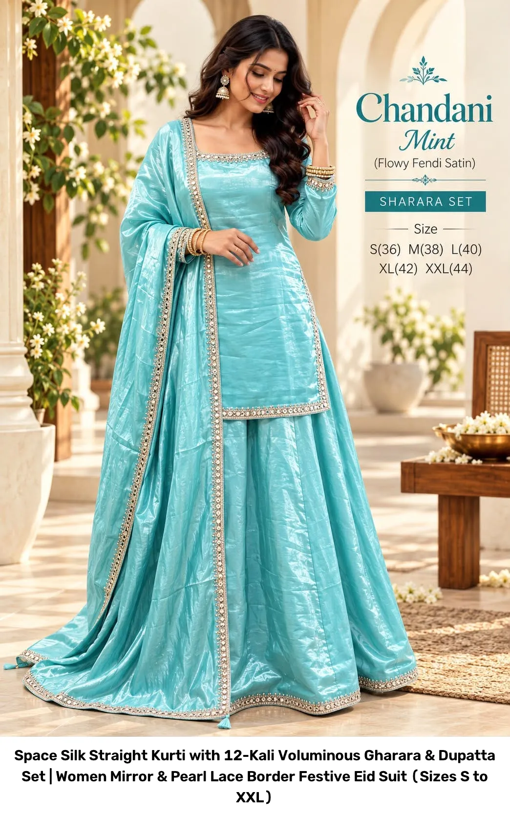 Space Silk Straight Kurti with 12-Kali Voluminous Gharara & Dupatta Set | Women Mirror & Pearl Lace Border Festive Eid Suit (Sizes S to XXL) 6