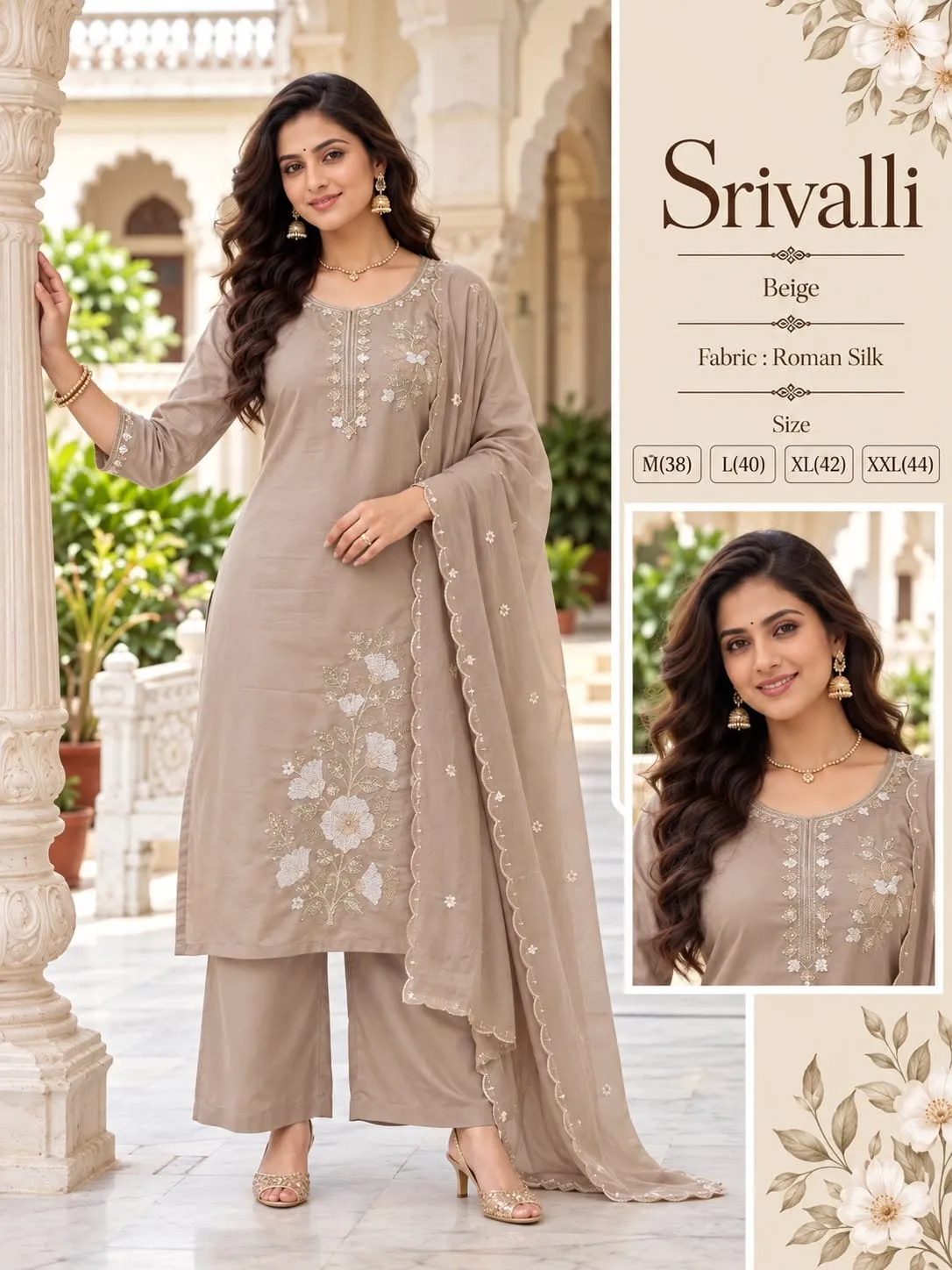 Srivalli Mul Chanderi Embroidered Kurta Pant Set with Dupatta – Festive Beadwork 3-Piece Ethnic Suit