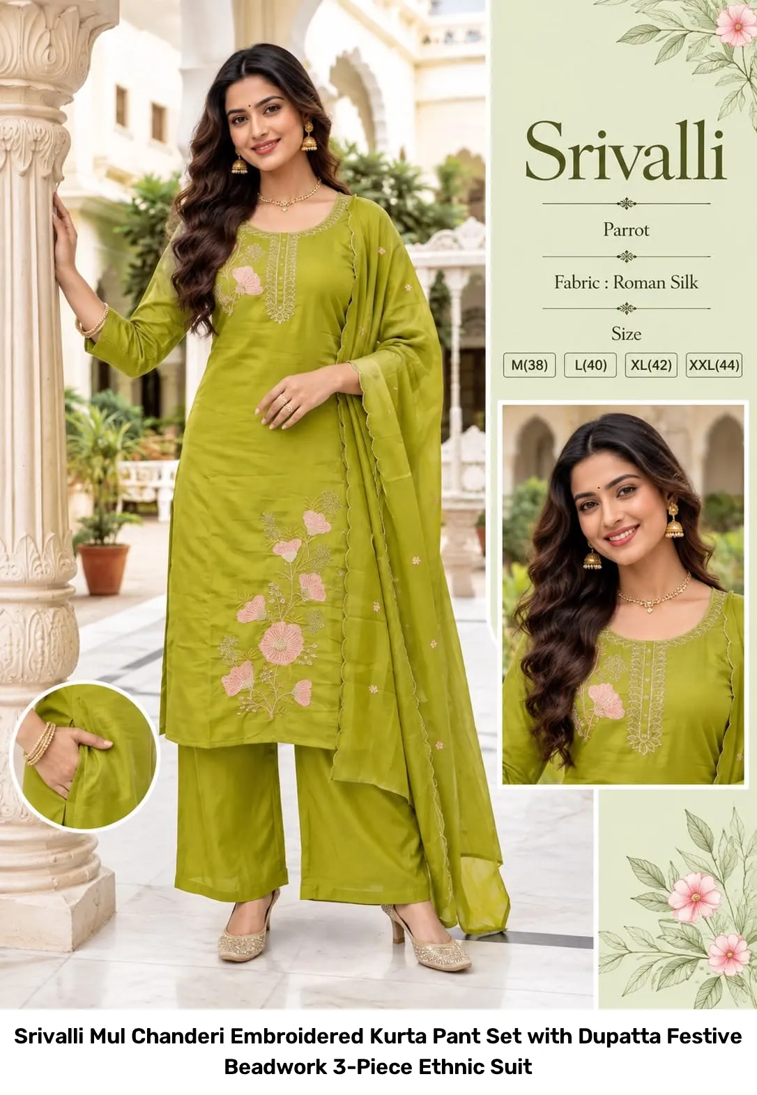 Srivalli Mul Chanderi Embroidered Kurta Pant Set with Dupatta – Festive Beadwork 3-Piece Ethnic Suit 2