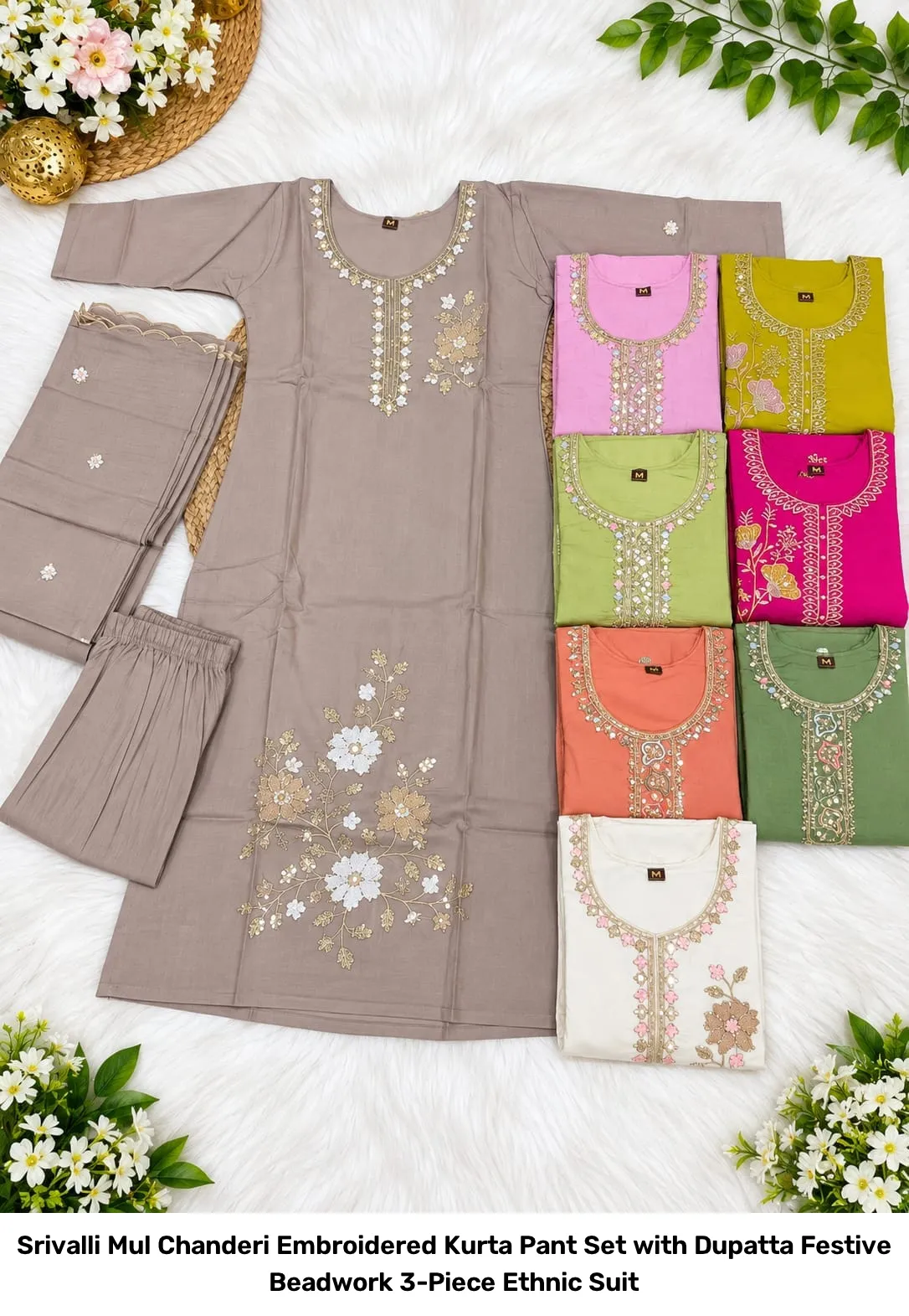 Srivalli Mul Chanderi Embroidered Kurta Pant Set with Dupatta – Festive Beadwork 3-Piece Ethnic Suit 3