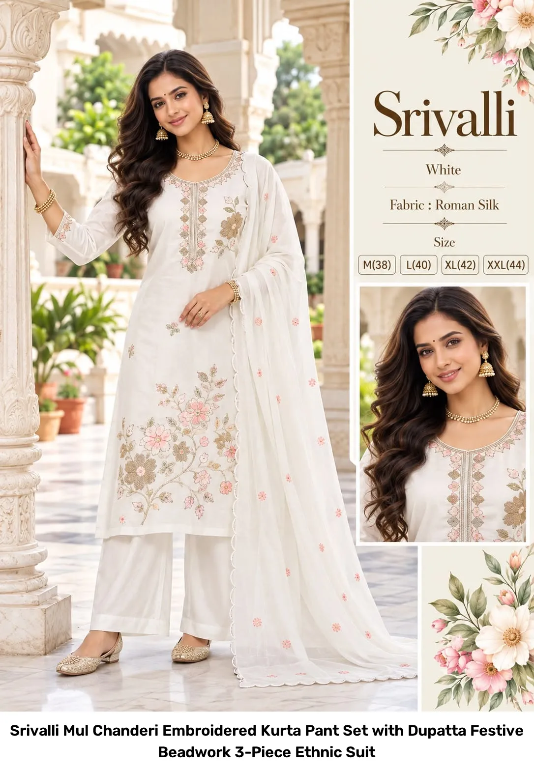Srivalli Mul Chanderi Embroidered Kurta Pant Set with Dupatta – Festive Beadwork 3-Piece Ethnic Suit 4