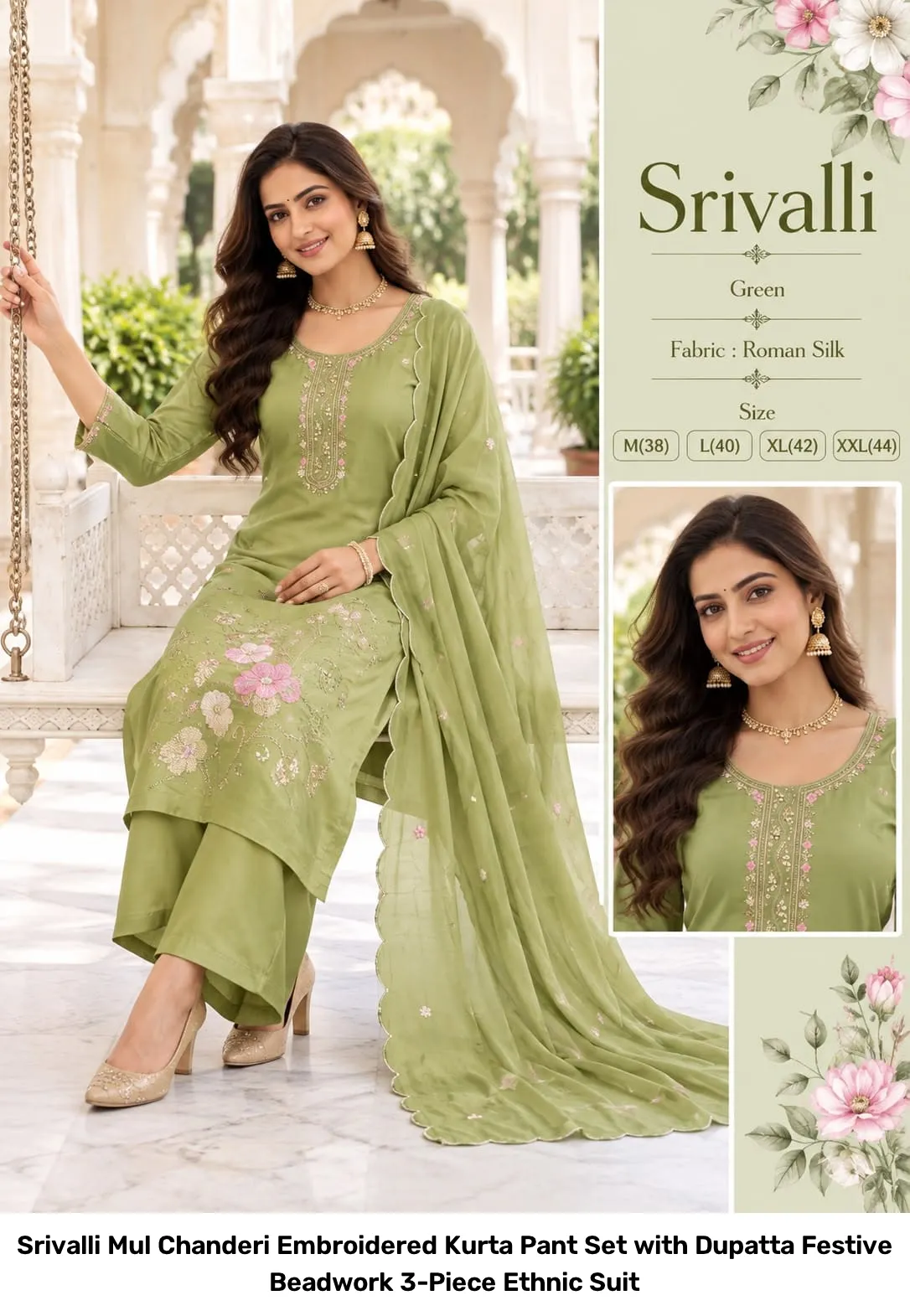 Srivalli Mul Chanderi Embroidered Kurta Pant Set with Dupatta – Festive Beadwork 3-Piece Ethnic Suit 5