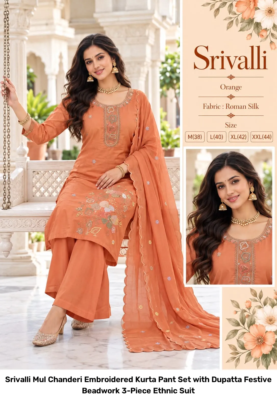 Srivalli Mul Chanderi Embroidered Kurta Pant Set with Dupatta – Festive Beadwork 3-Piece Ethnic Suit 6
