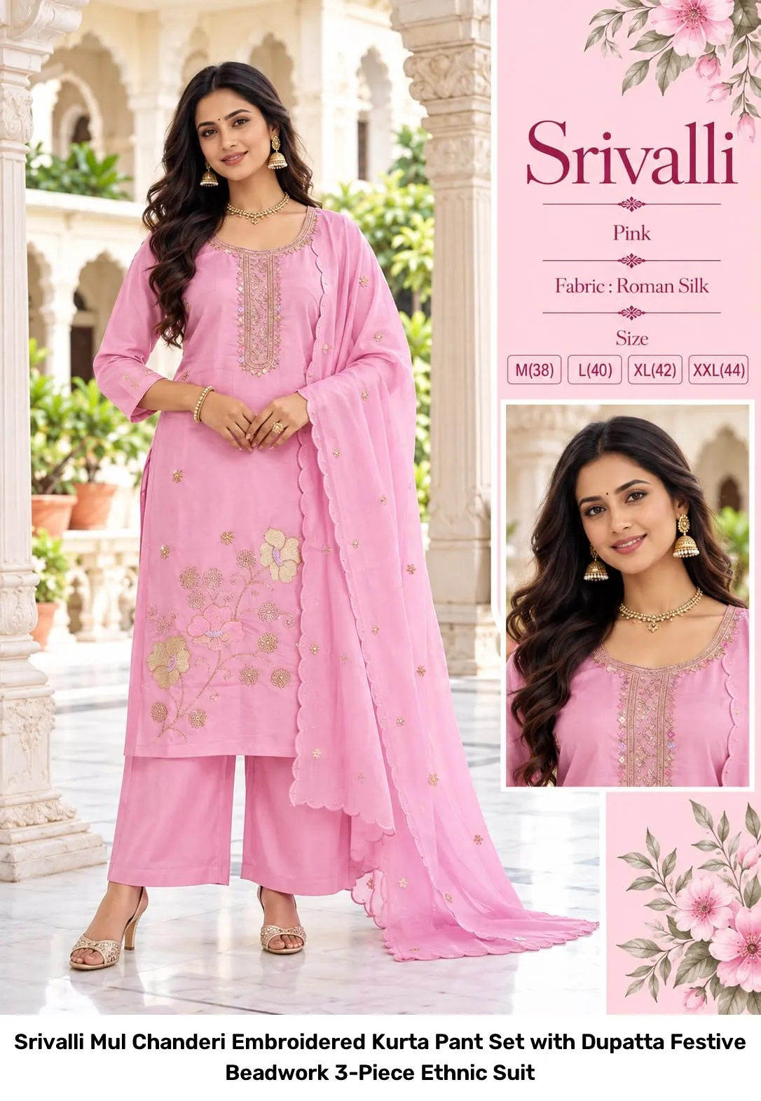 Srivalli Mul Chanderi Embroidered Kurta Pant Set with Dupatta – Festive Beadwork 3-Piece Ethnic Suit 7