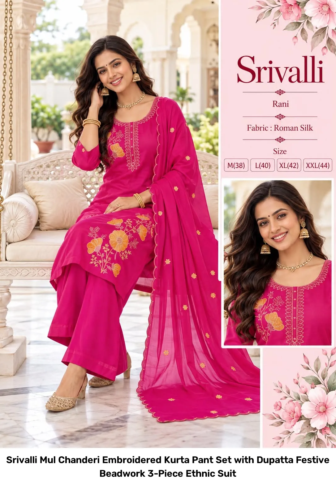 Srivalli Mul Chanderi Embroidered Kurta Pant Set with Dupatta – Festive Beadwork 3-Piece Ethnic Suit 8