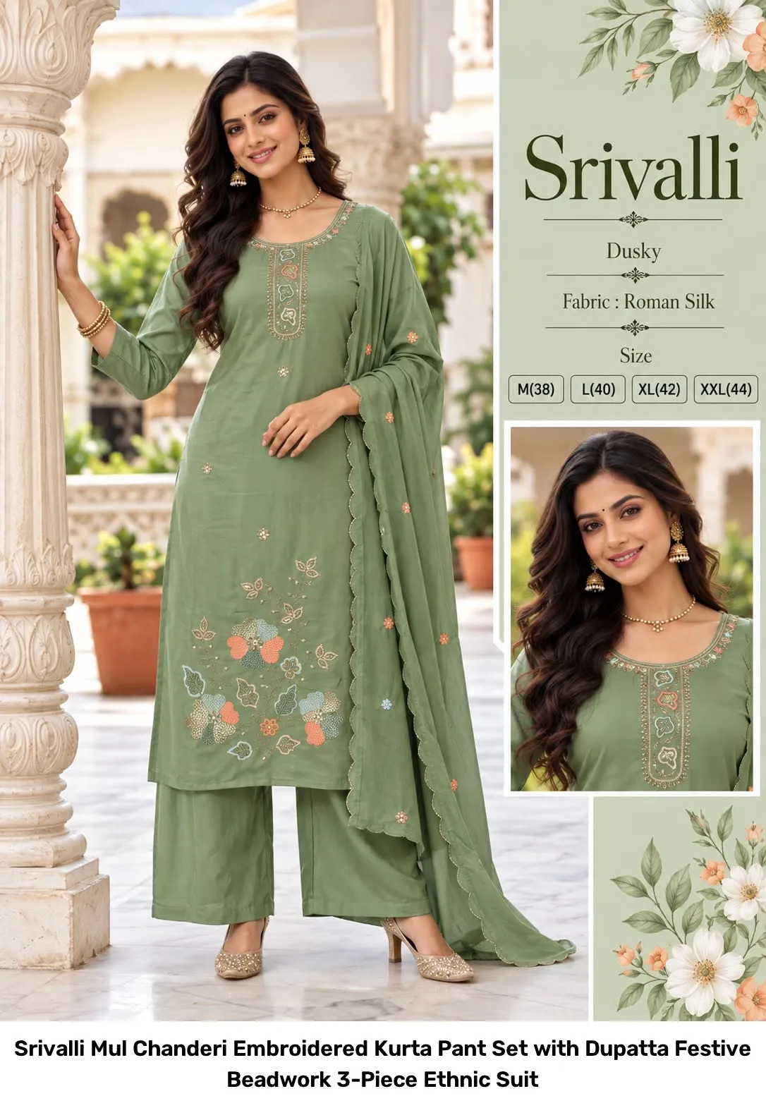 Srivalli Mul Chanderi Embroidered Kurta Pant Set with Dupatta – Festive Beadwork 3-Piece Ethnic Suit 9