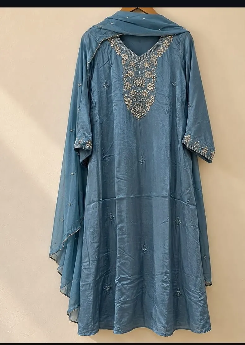 Steel Blue Hand-Embroidered Anarkali Suit with Dupatta