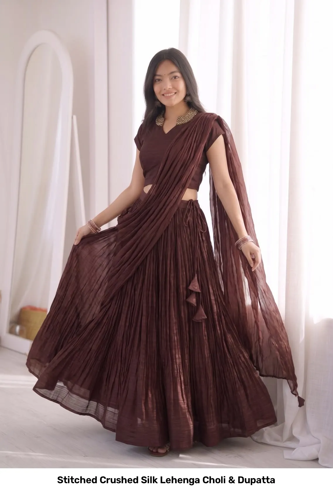 Stitched Crushed Silk Lehenga Choli & Dupatta 10
