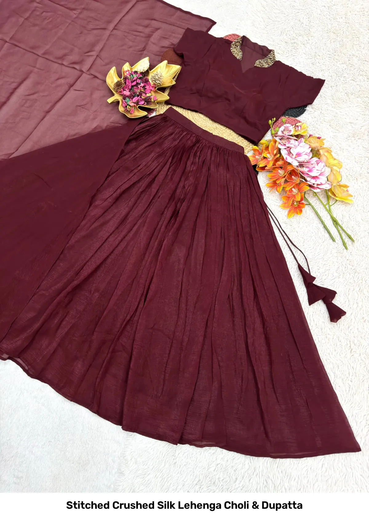 Stitched Crushed Silk Lehenga Choli & Dupatta 13