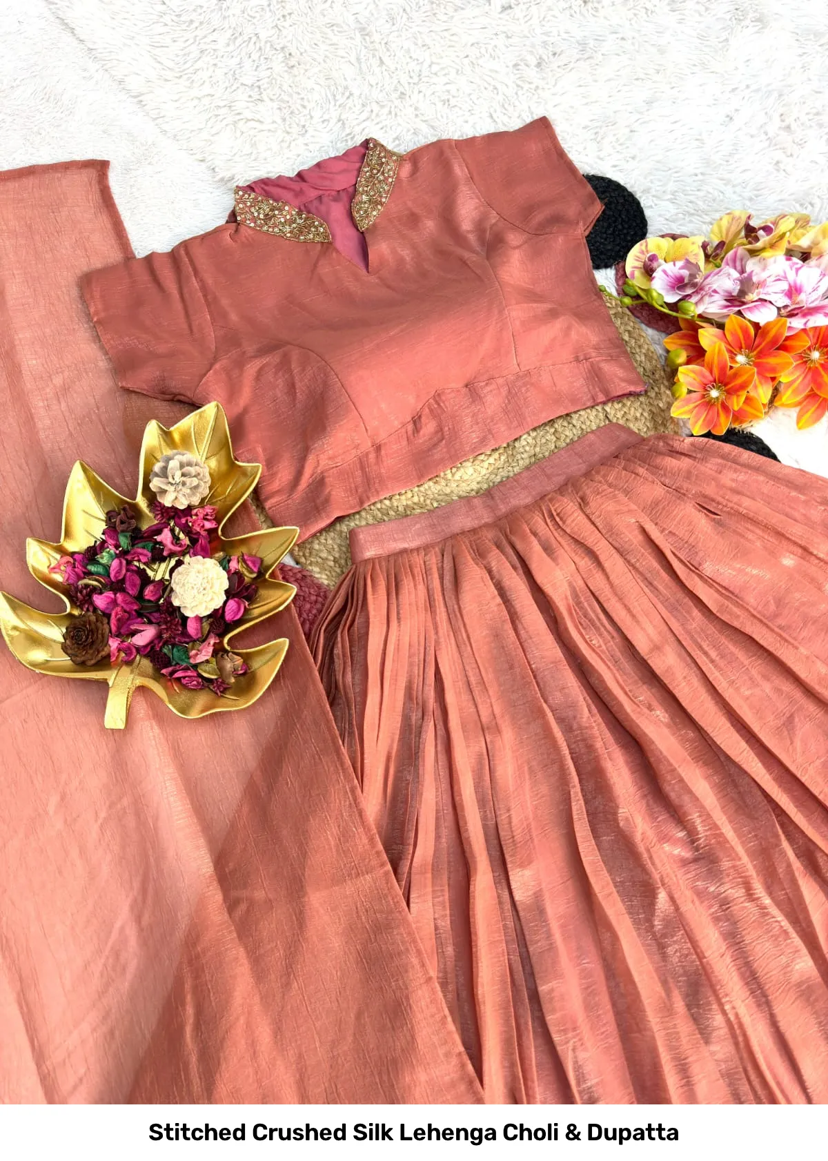 Stitched Crushed Silk Lehenga Choli & Dupatta 14