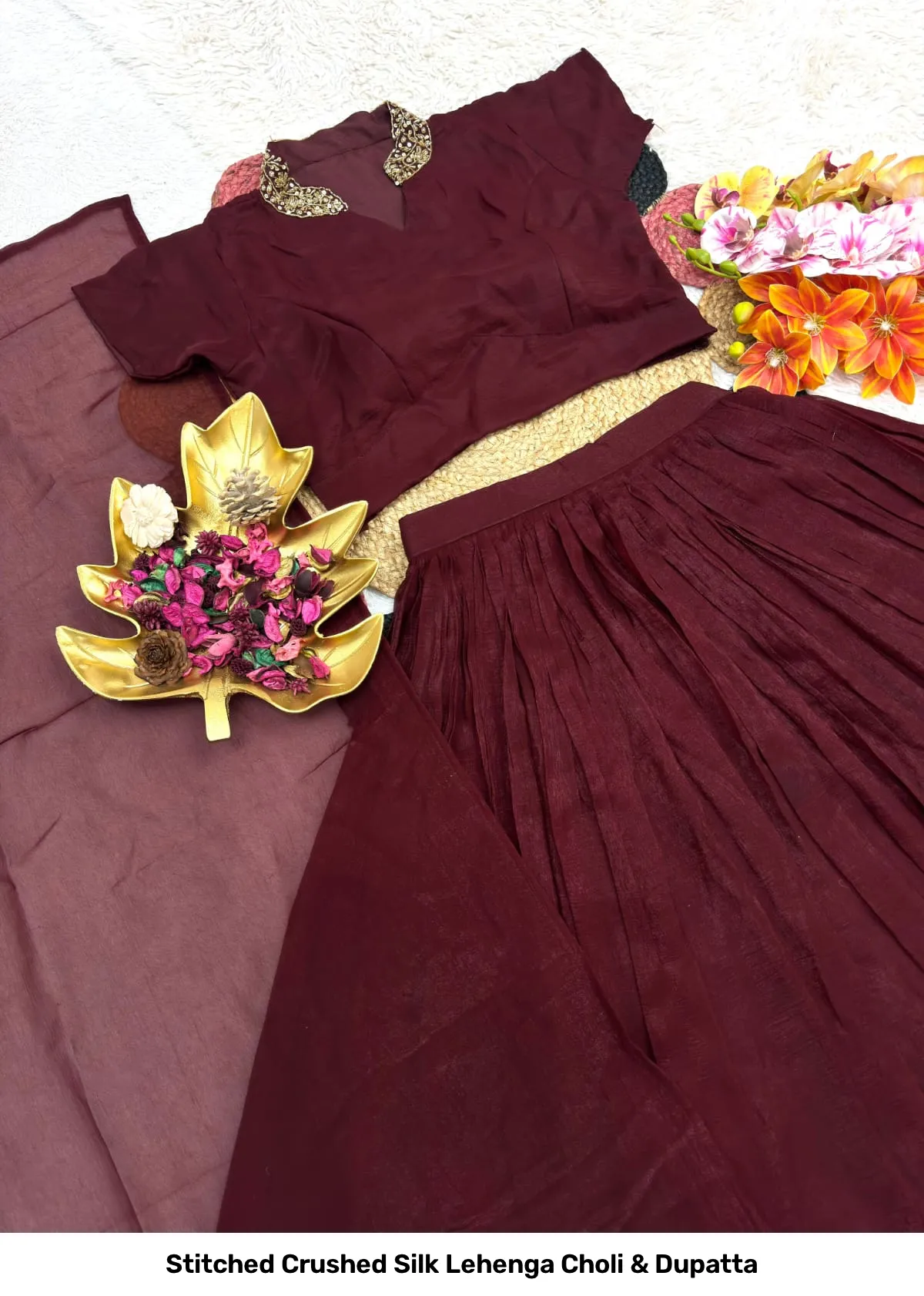 Stitched Crushed Silk Lehenga Choli & Dupatta 2
