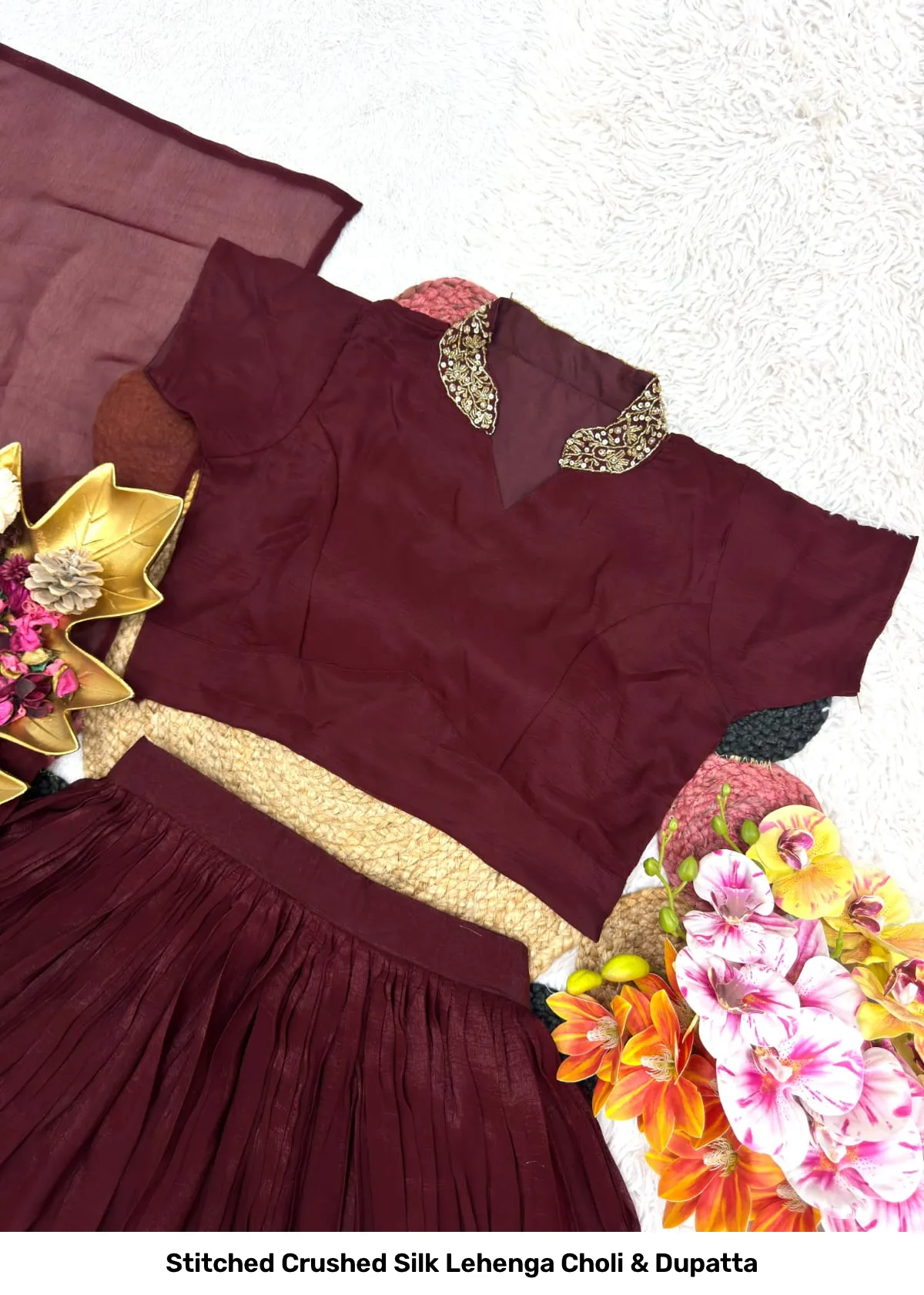 Stitched Crushed Silk Lehenga Choli & Dupatta 3