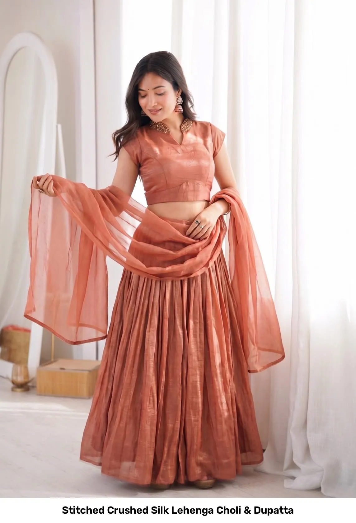 Stitched Crushed Silk Lehenga Choli & Dupatta 4