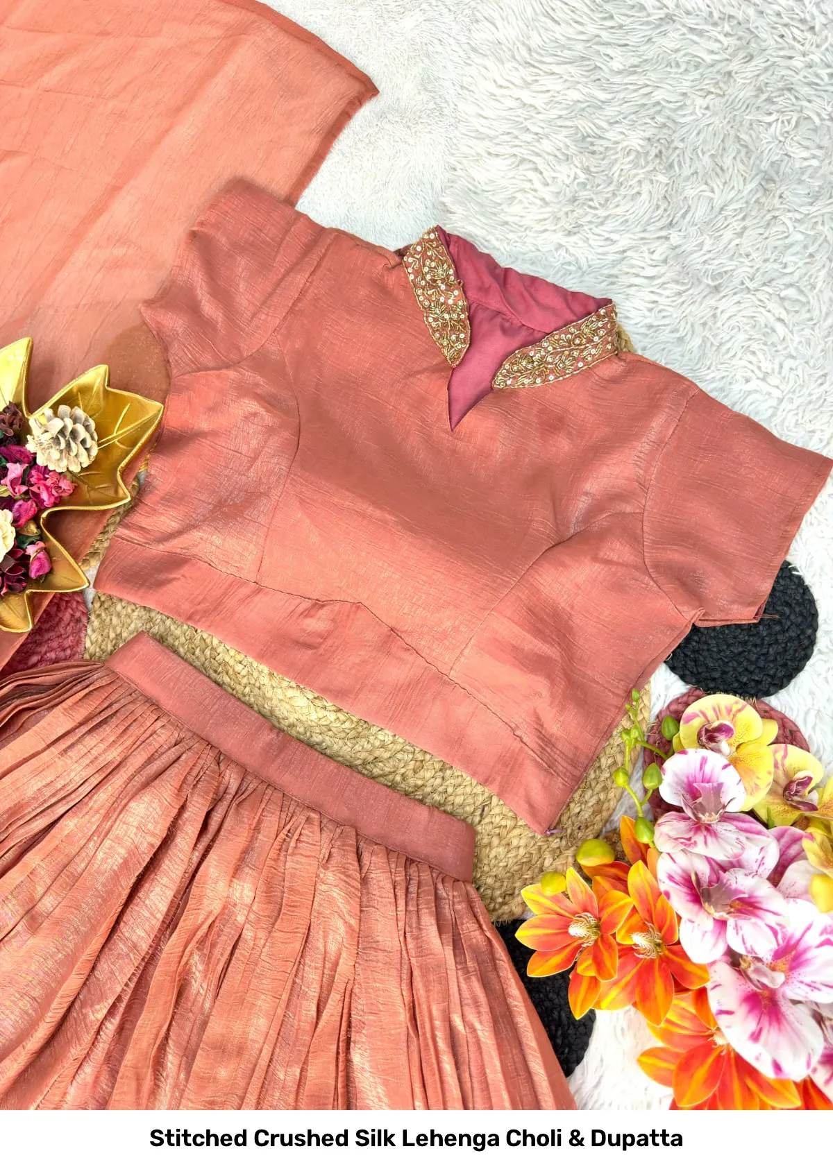 Stitched Crushed Silk Lehenga Choli & Dupatta 5