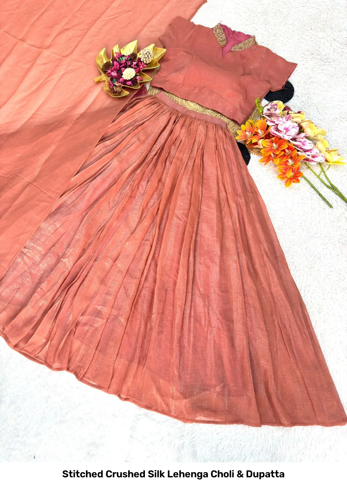 Stitched Crushed Silk Lehenga Choli & Dupatta 6