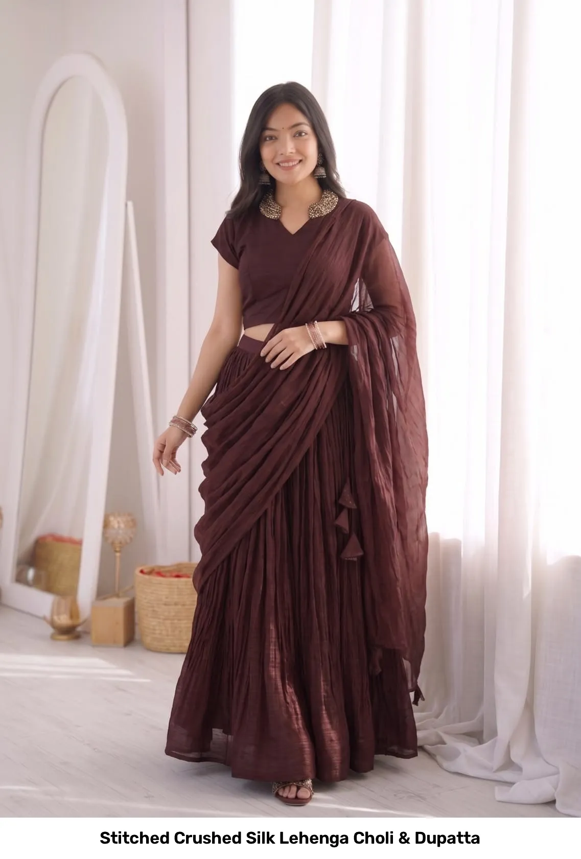Stitched Crushed Silk Lehenga Choli & Dupatta 7