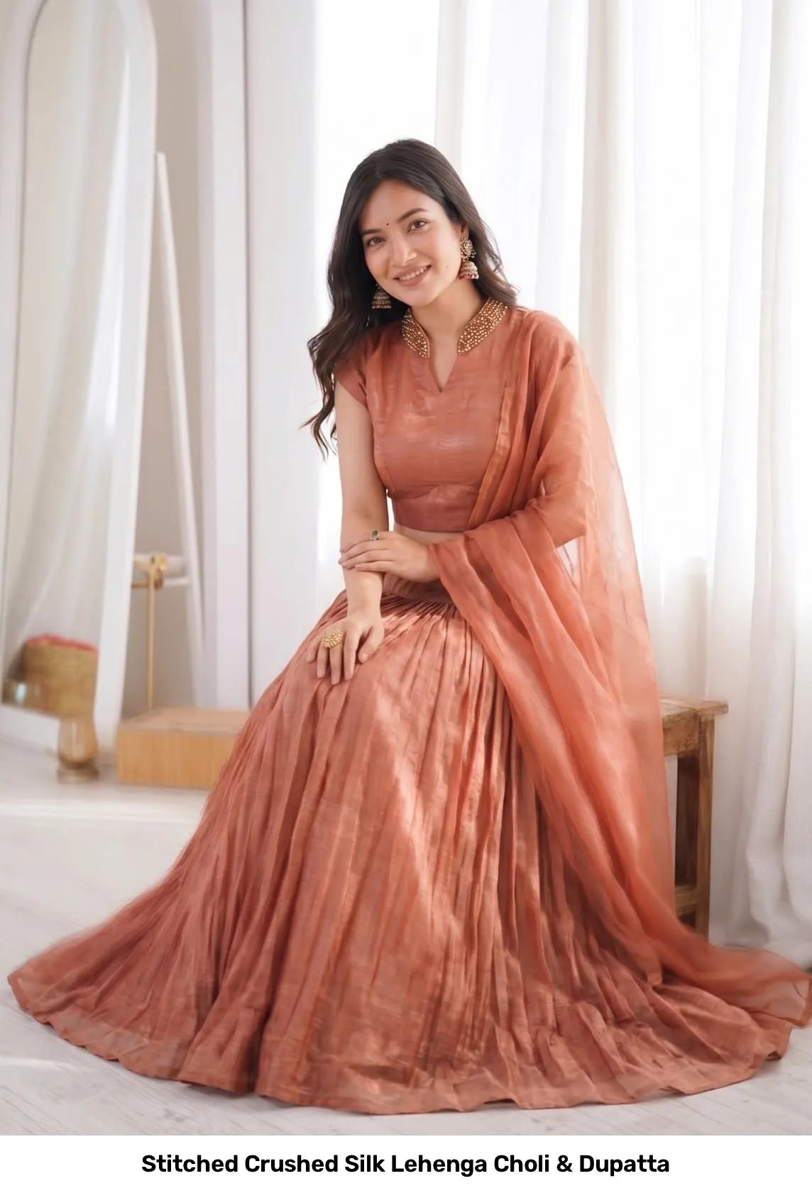 Stitched Crushed Silk Lehenga Choli & Dupatta 8