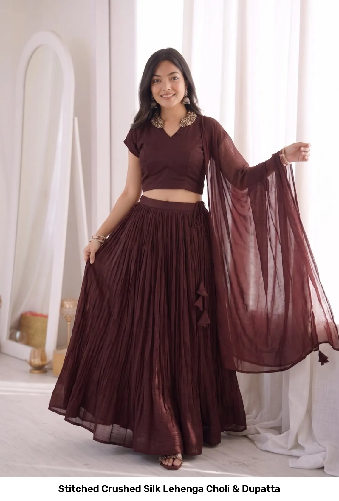 Stitched Crushed Silk Lehenga Choli & Dupatta 9