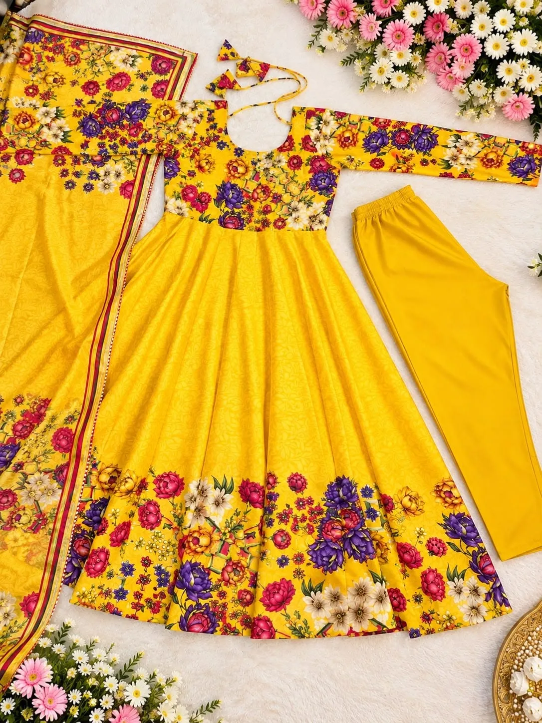 Tabby Organza Floral Print Flared Anarkali Suit Set