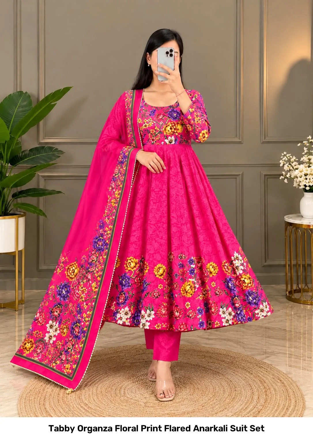 Tabby Organza Floral Print Flared Anarkali Suit Set 11