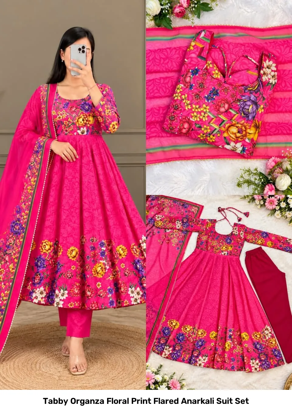 Tabby Organza Floral Print Flared Anarkali Suit Set 12