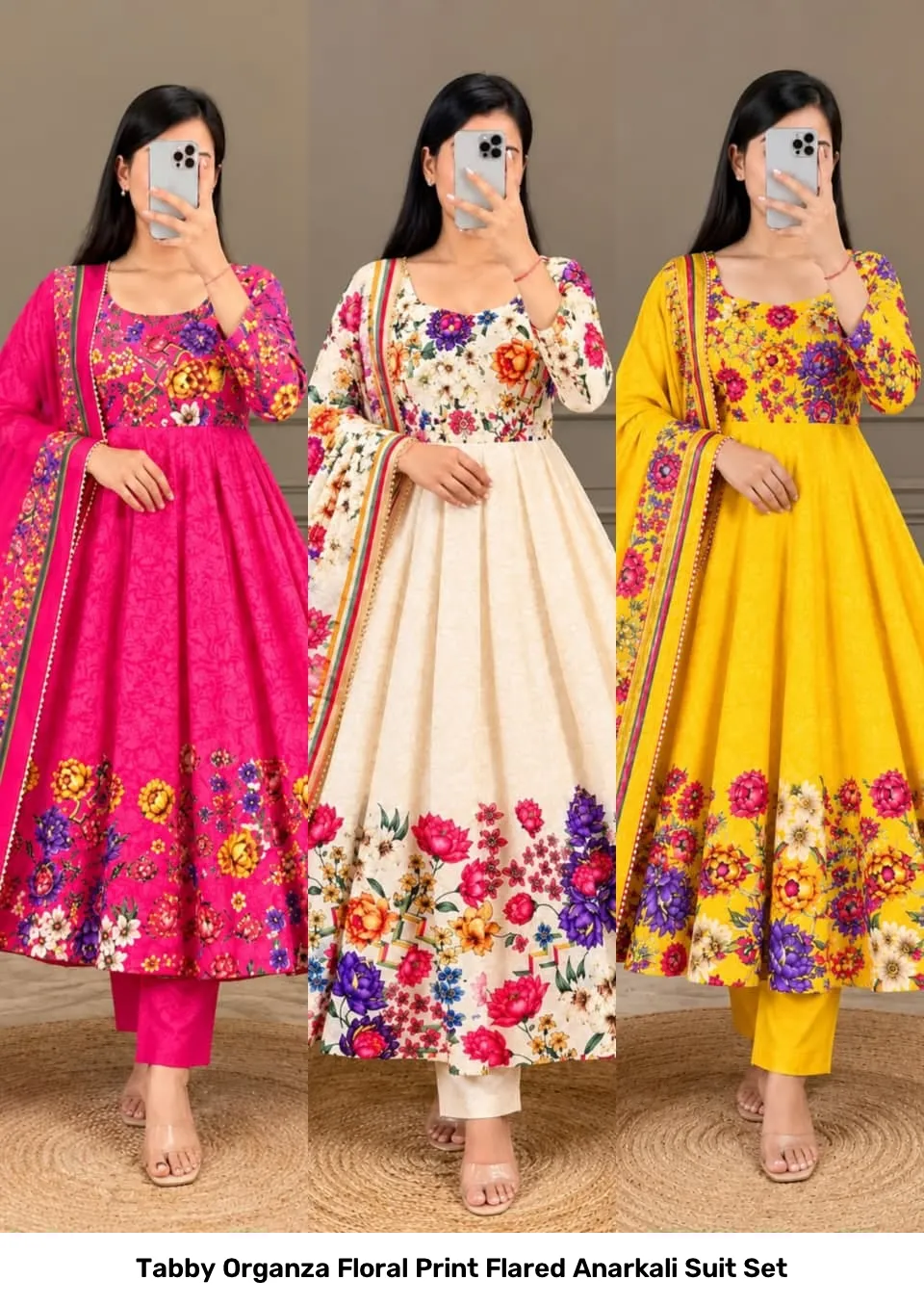 Tabby Organza Floral Print Flared Anarkali Suit Set 13