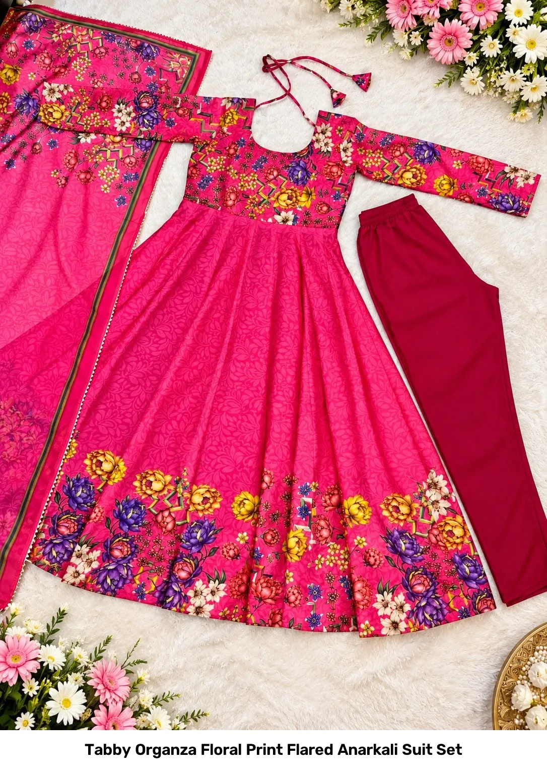 Tabby Organza Floral Print Flared Anarkali Suit Set 2