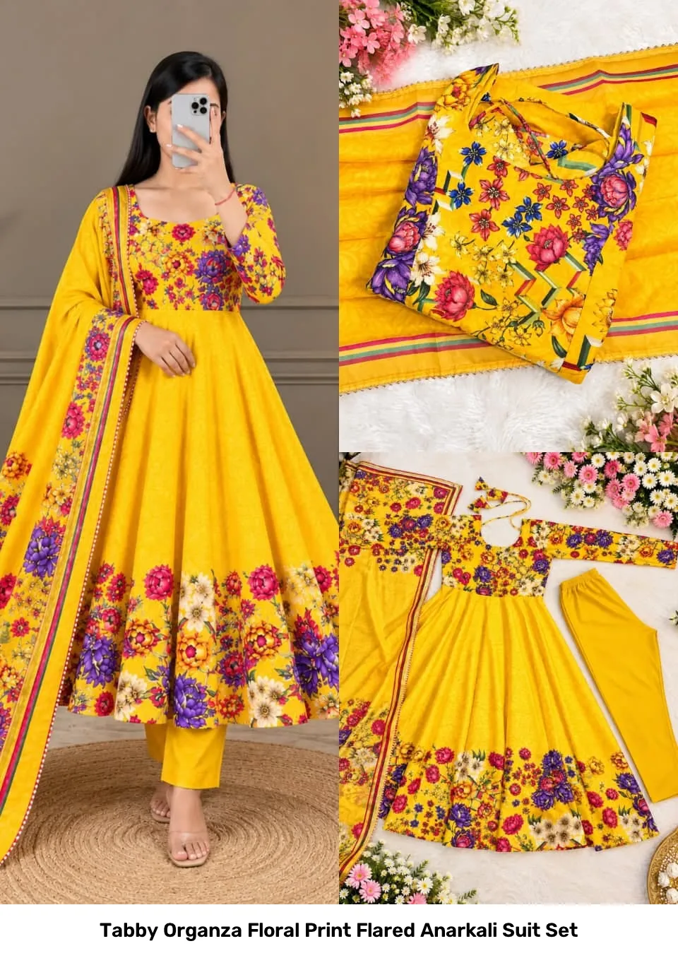 Tabby Organza Floral Print Flared Anarkali Suit Set 5
