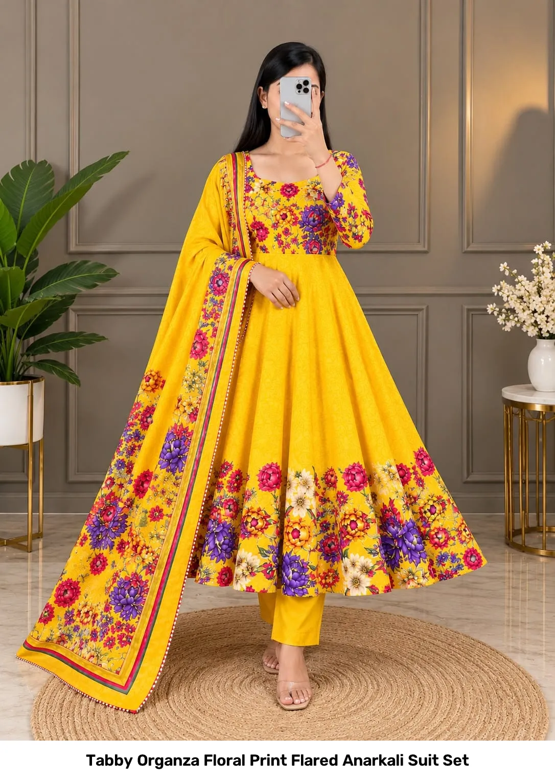 Tabby Organza Floral Print Flared Anarkali Suit Set 6