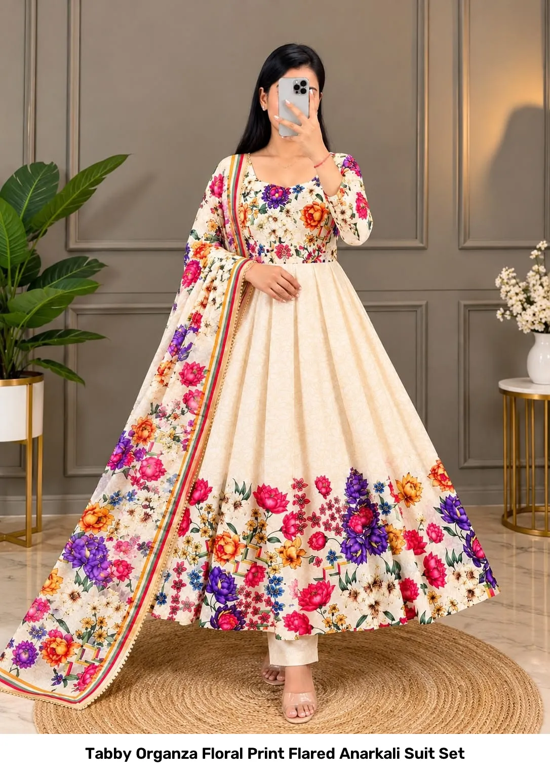 Tabby Organza Floral Print Flared Anarkali Suit Set 7