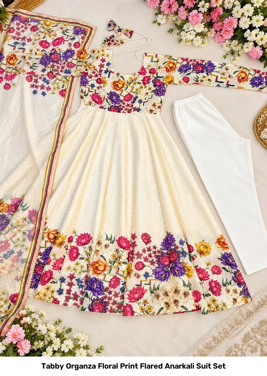Tabby Organza Floral Print Flared Anarkali Suit Set 8