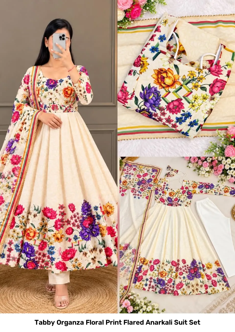 Tabby Organza Floral Print Flared Anarkali Suit Set 9