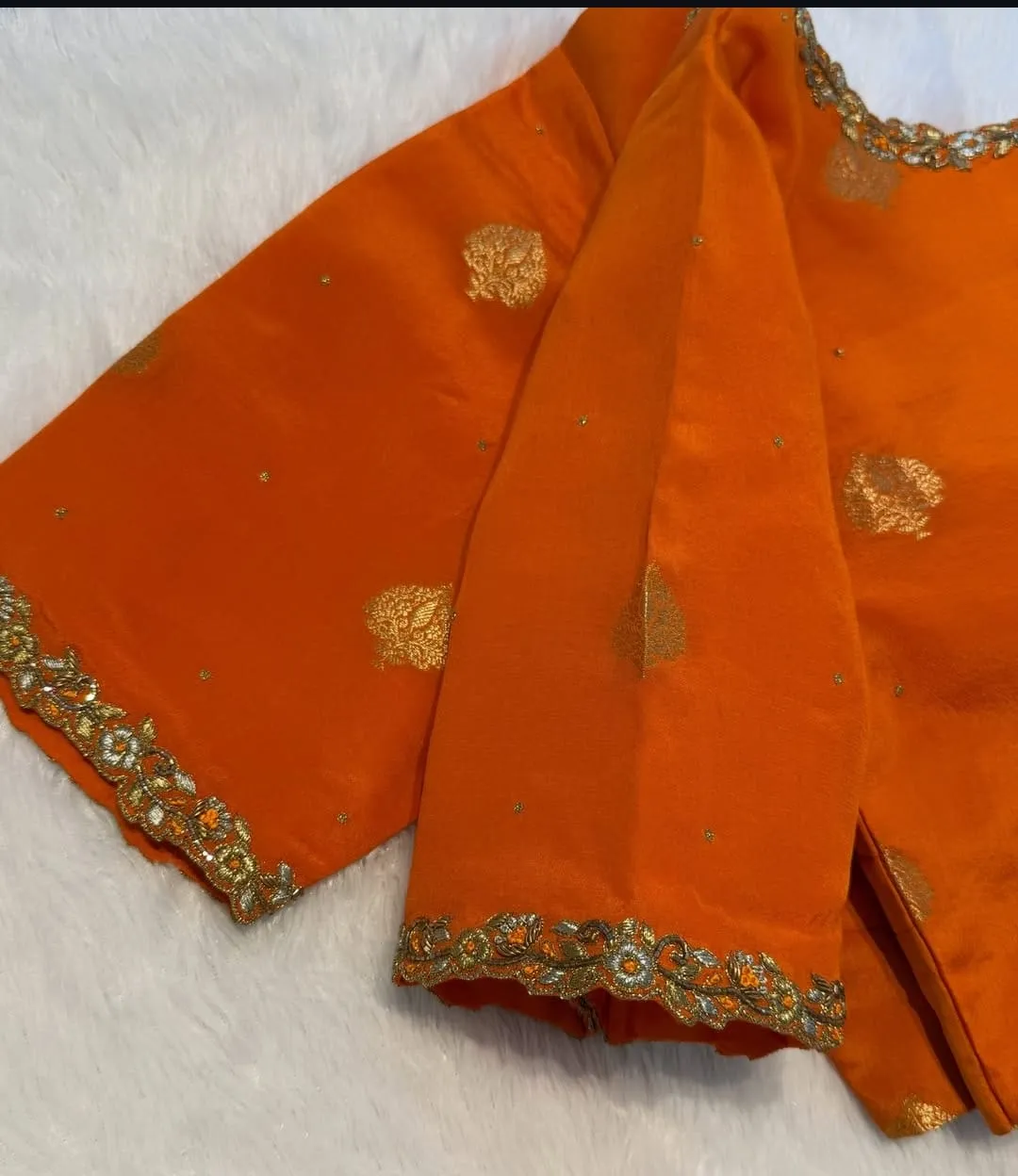Tangerine Orange Raw Silk Saree Blouse | Handcrafted Zari Buta Blouse with Scalloped Zardozi Border