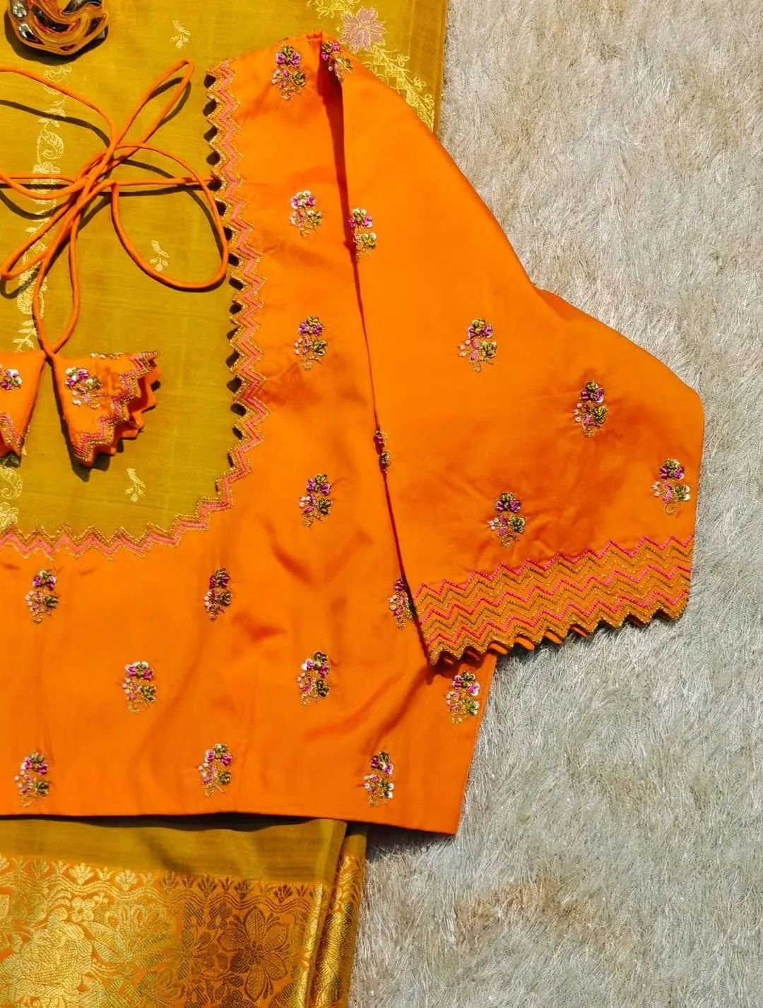 Tangerine Orange Silk Saree Blouse with Zig-Zag Chevron Cutwork & Hand Embroidery Buttis | Designer Dori Tassels Blouse