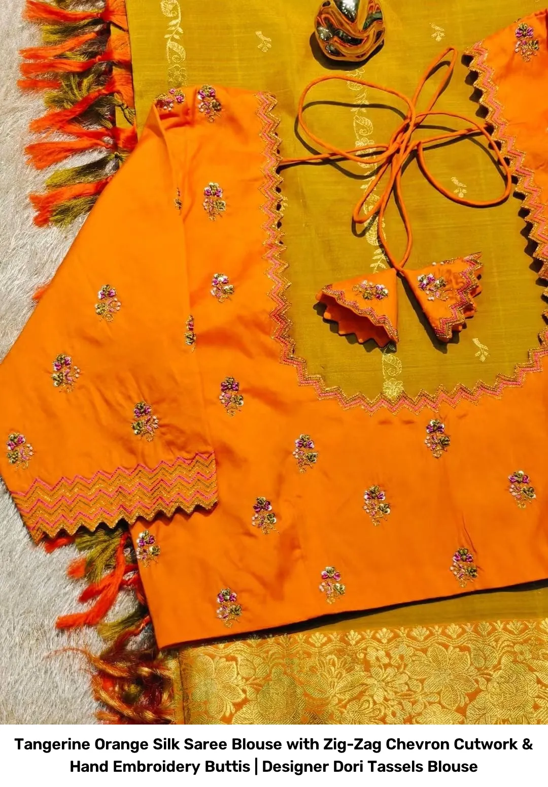 Tangerine Orange Silk Saree Blouse with Zig-Zag Chevron Cutwork & Hand Embroidery Buttis | Designer Dori Tassels Blouse 2