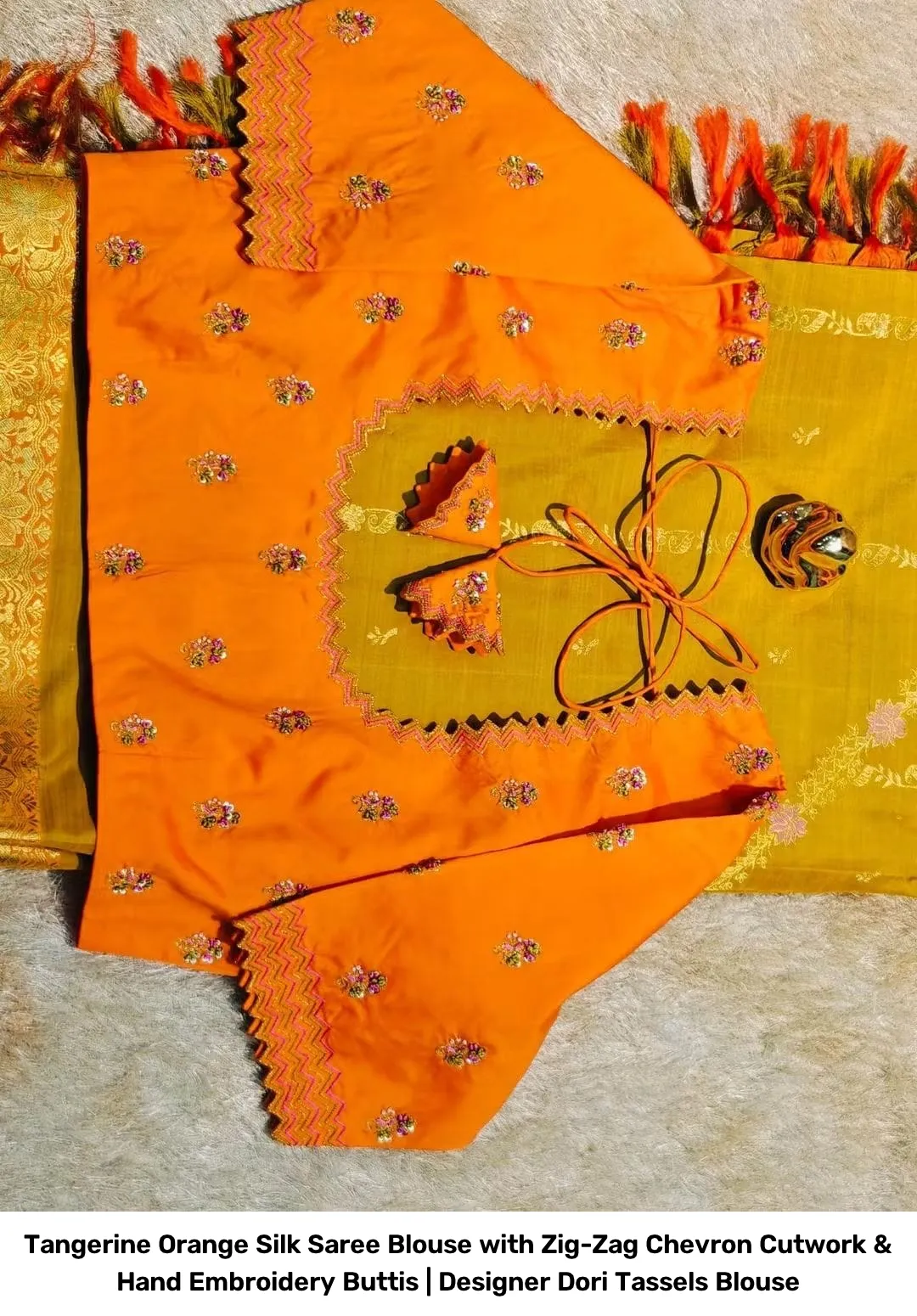 Tangerine Orange Silk Saree Blouse with Zig-Zag Chevron Cutwork & Hand Embroidery Buttis | Designer Dori Tassels Blouse 3