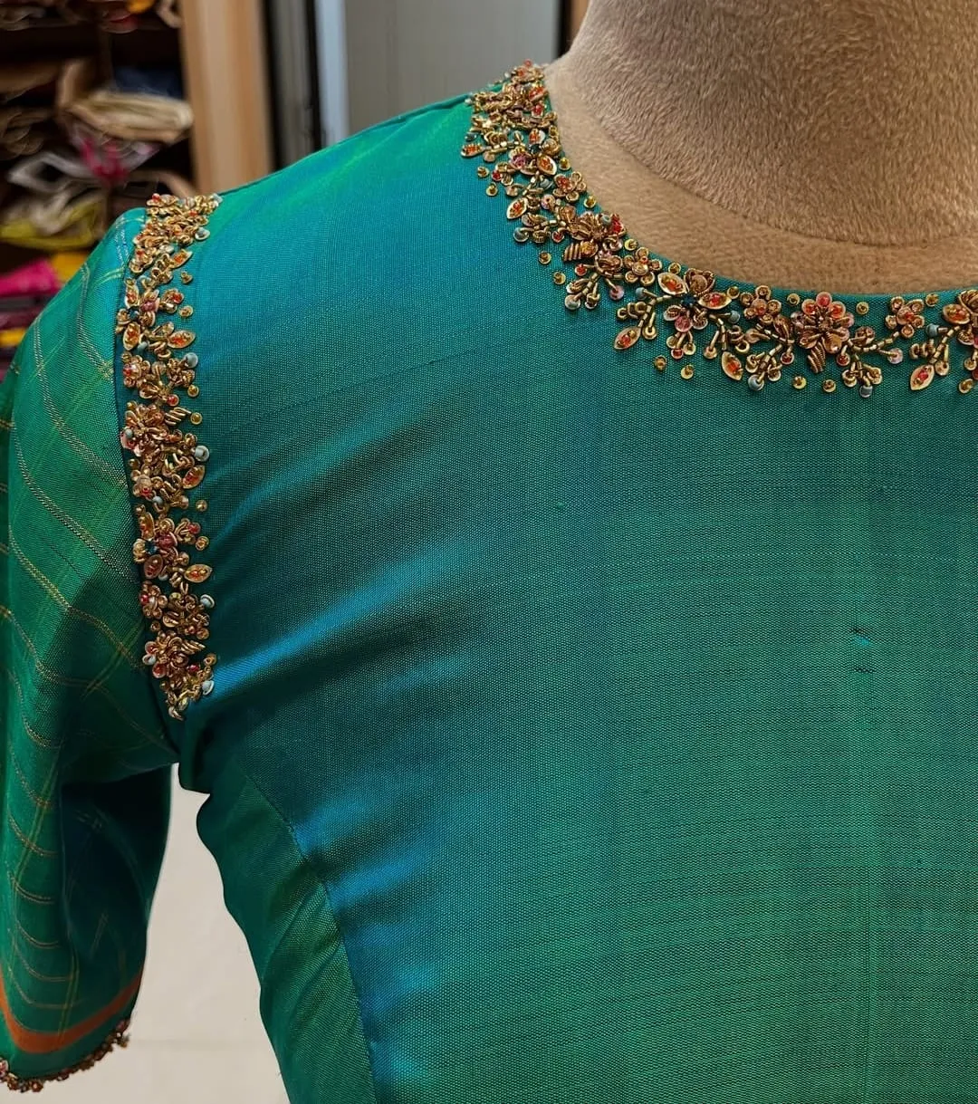 Teal Blue Raw Silk Blouse Boat Neck Cutout Maggam Work