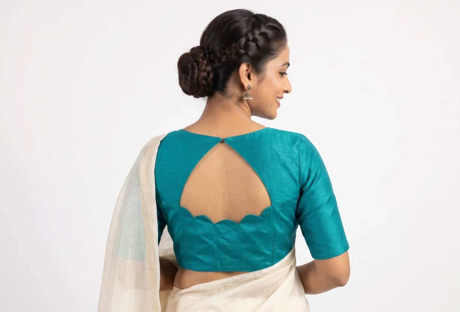 Teal Blue Raw Silk Cutout Blouse Scalloped Back Saree Blouse