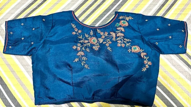 Teal Blue Raw Silk Saree Blouse | Asymmetrical Floral Creeping Vine Hand Embroidery Boat Neck Blouse