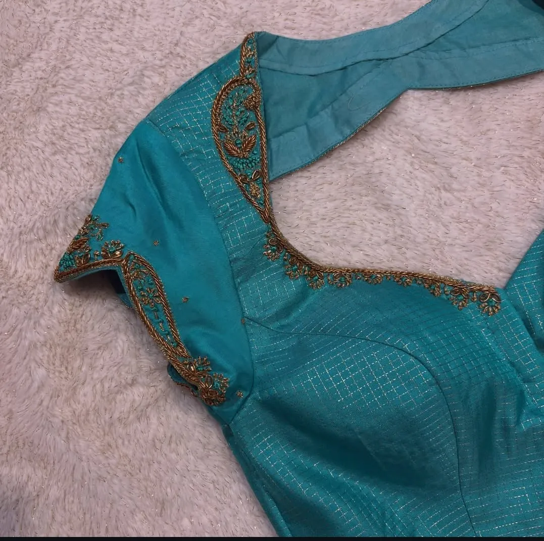 Teal Blue Zari Checks Silk Blouse | Antique Gold Zardozi Aari Hand Embroidery | Sweetheart Neck with Cap Sleeves | Custom Stitched